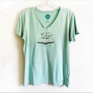 Life is Good Crusher t-shirt green short sleeves v neck get lost get found